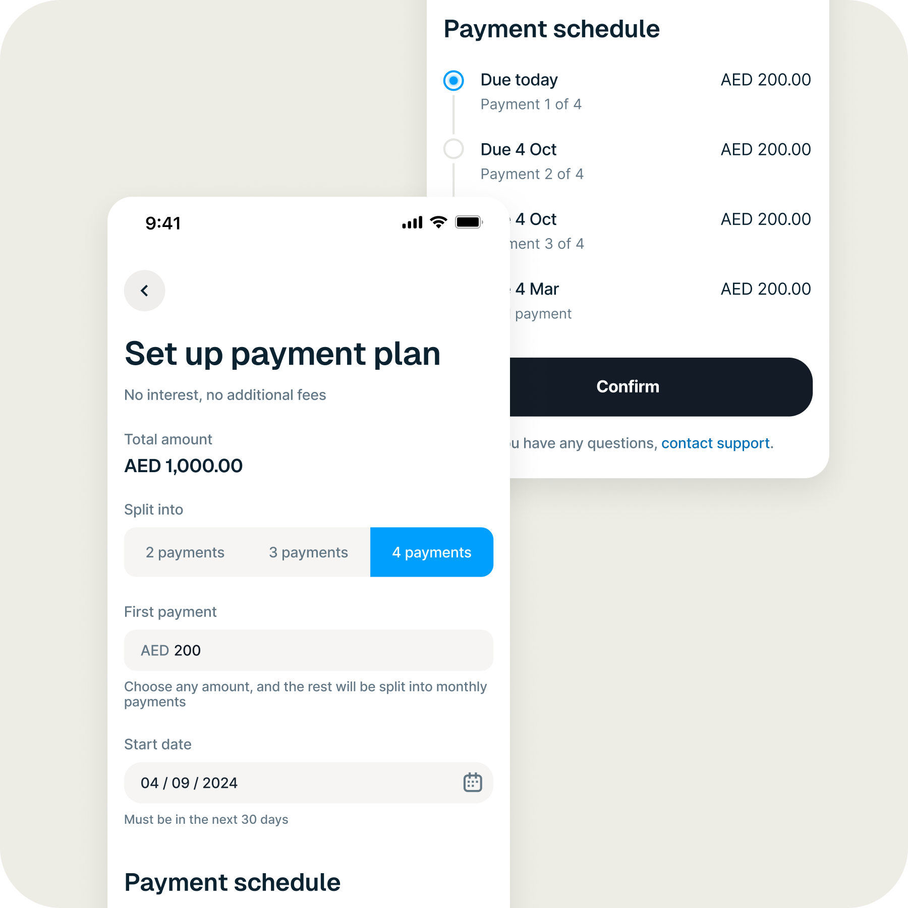 Initial payment plan flow: flexible start date and low first payment