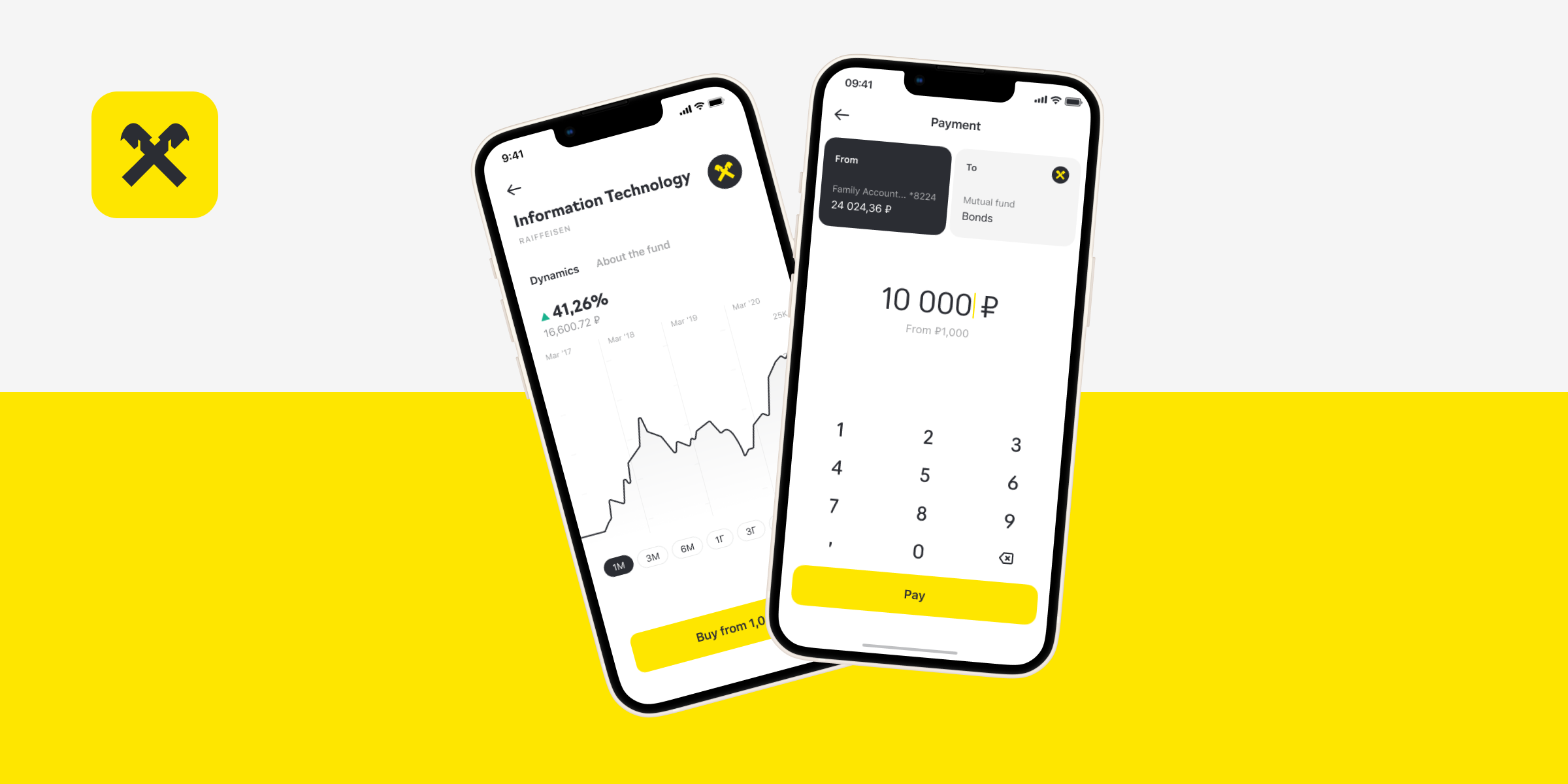 Mutual funds experience — hero mockups from the Raiffeisen bank app