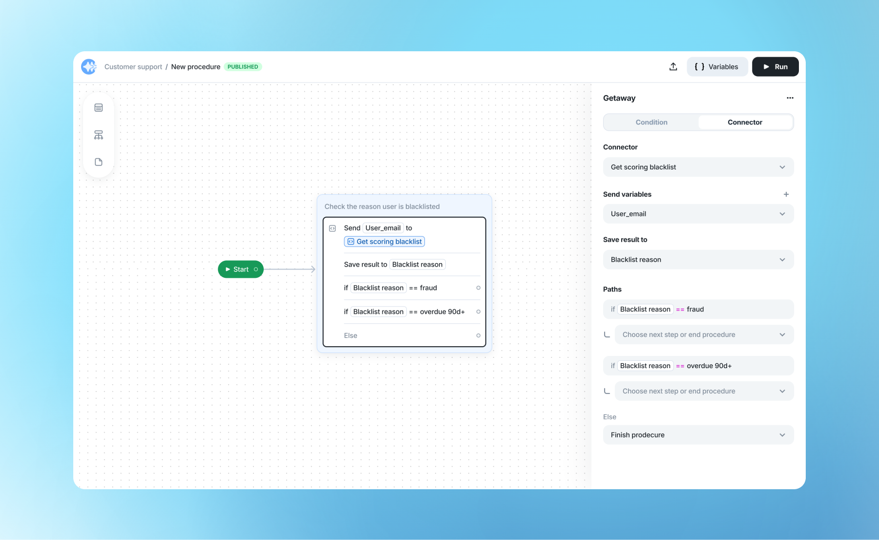 Procedure step configuration with a backend connector saving a check result to a variable
